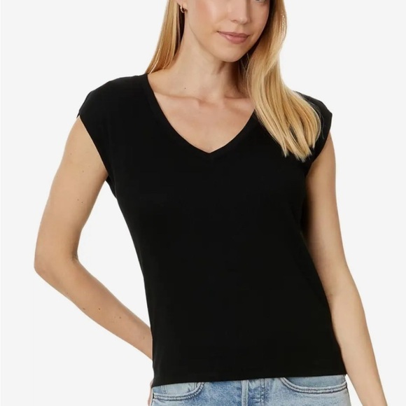 MICHAEL STARS Black ultra rib Tati v-neck power shoulder top - Picture 1 of 4